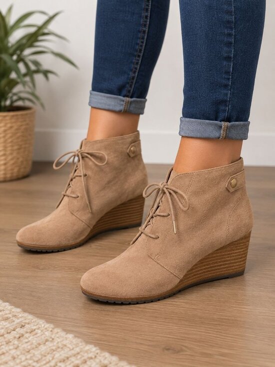 Dr. Scholl's Shoes - Dr. Scholls Be Energized Conquer Tan Faux Suede Stacked Wedge Lace-up, 8.5 NWOT